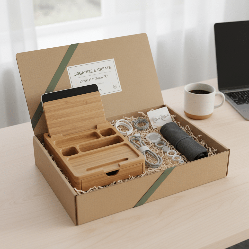 ai-photo-studio-1761243847016-1 Organize & Create Desk Harmony Kit with bamboo organizer, cable clips, and more on a desk near a laptop and coffee. | Sky Rye Design Organize & Create Desk Harmony Kit with bamboo organizer, cable clips, and more on a desk near a laptop and coffee.