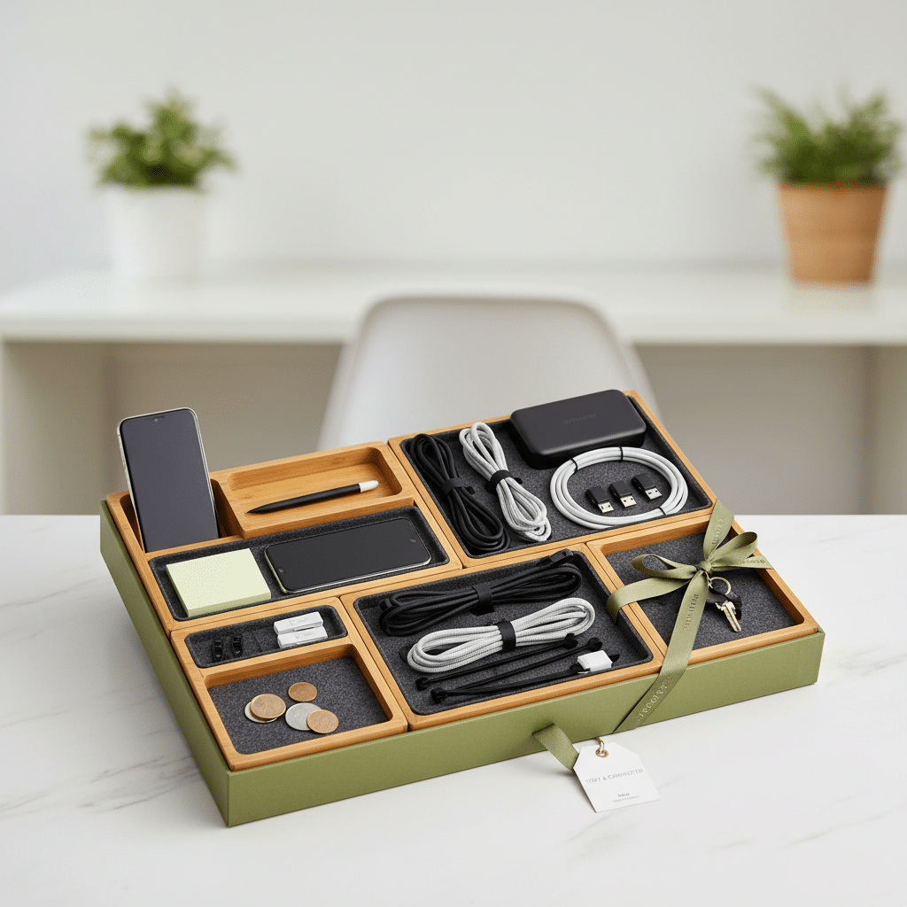 ai-photo-studio-1761243849836-2 Elegant desk organizer with phone, cables, and accessories in a divided tray, enhancing workspace tidiness and functionality. | Sky Rye Design Elegant desk organizer with phone, cables, and accessories in a divided tray, enhancing workspace tidiness and functionality.