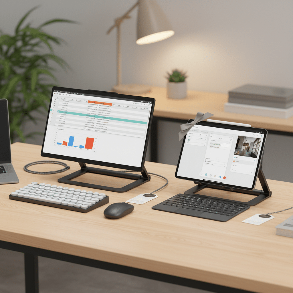 ai-photo-studio-1761243947102-1 Dual tablets on a desk with keyboards, mouse. Office setup for productivity and video calls. | Sky Rye Design Dual tablets on a desk with keyboards, mouse. Office setup for productivity and video calls.