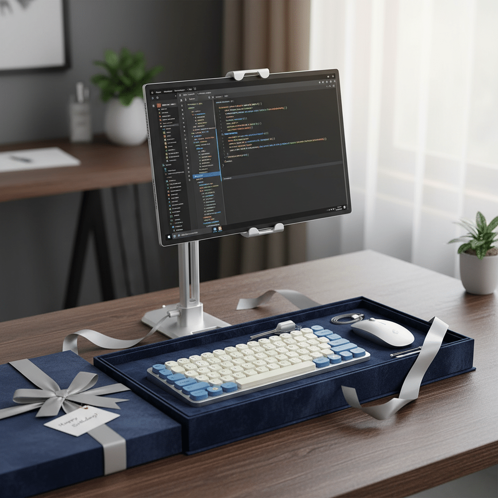 ai-photo-studio-1761243950641-2 Minimalist workspace with a monitor displaying code, paired with a blue and vintage-style keyboard and mouse. | Sky Rye Design Minimalist workspace with a monitor displaying code, paired with a blue and vintage-style keyboard and mouse.