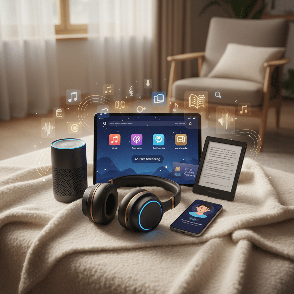 Digital streaming setup with tablet, smart speaker, headphones, e-reader, and smartphone on a cozy blanket.