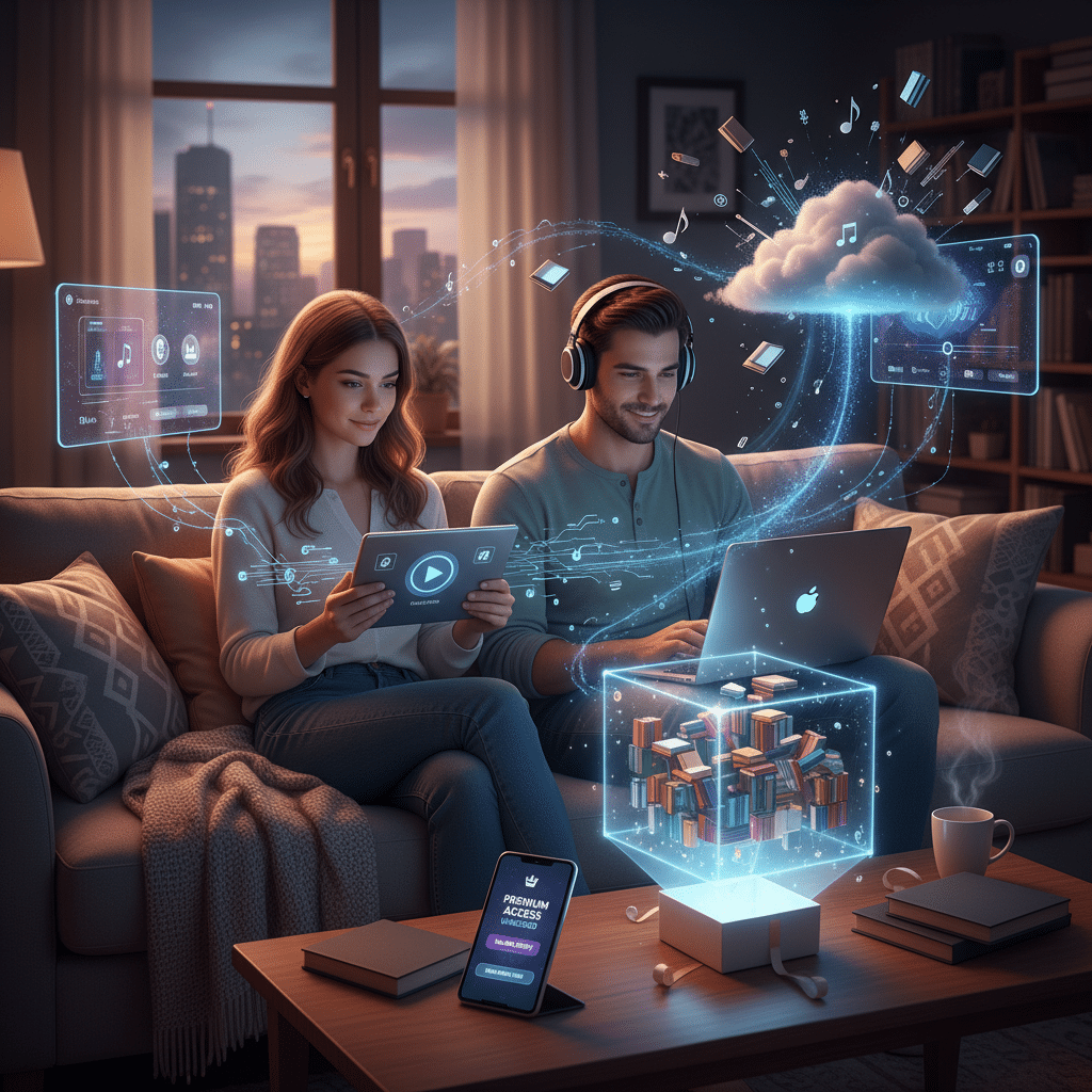 Couple enjoying digital content streaming at home, using tablets and laptops with cloud storage and media icons.