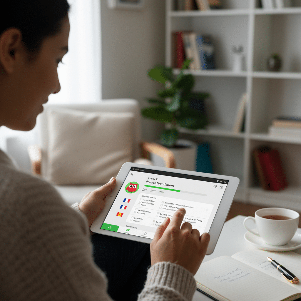 Woman using language learning app on tablet at home, engaging in French exercises with coffee and notebook nearby.