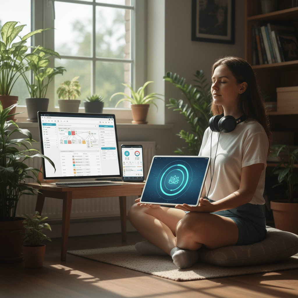 Woman meditating with headphones in cozy room, surrounded by plants and technology devices displaying analytics.