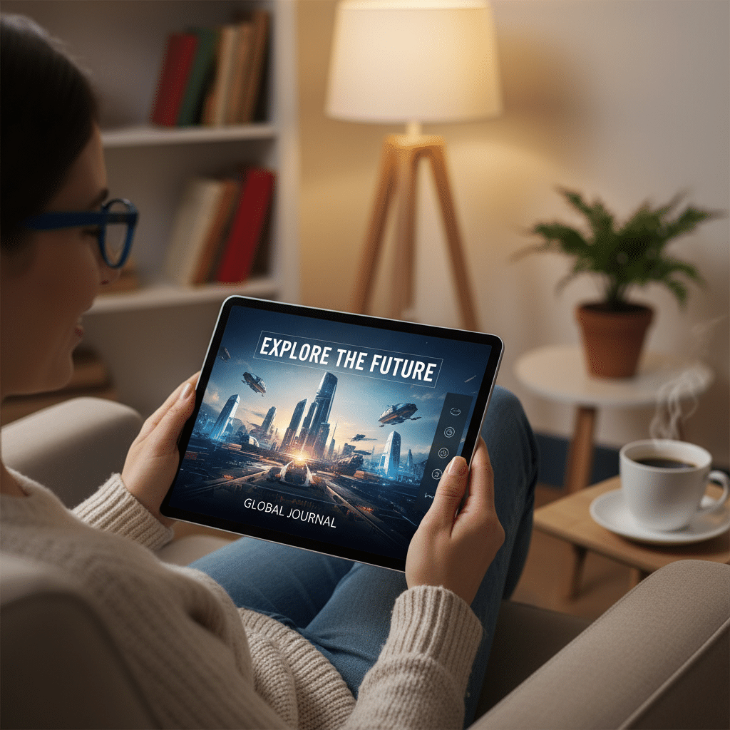 Woman reading Explore the Future on tablet in cozy living room with lamp and coffee.