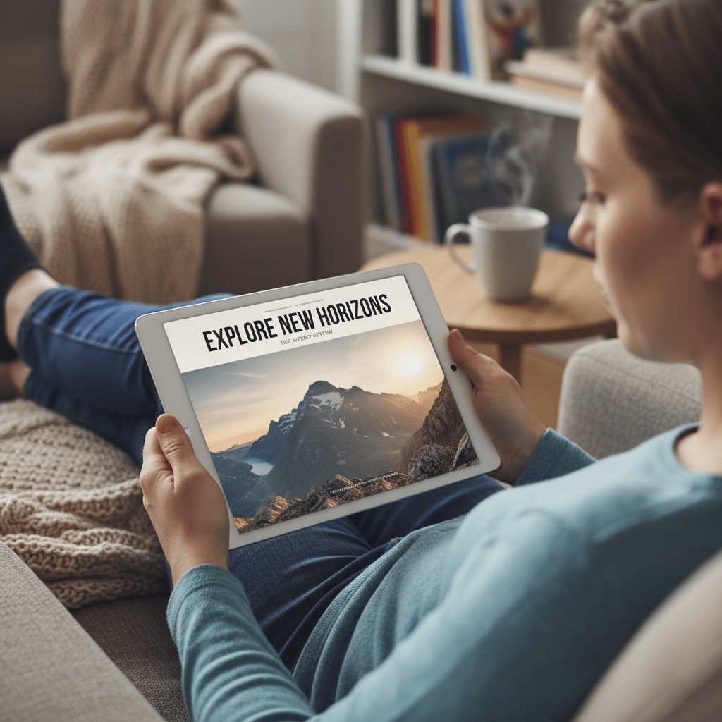 Woman reading digital magazine titled Explore New Horizons on a tablet while relaxing on a couch.