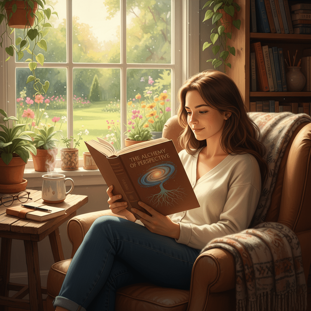 Woman reading The Alchemy of Perspective in a cozy room with plants and a garden view, creating a serene atmosphere.