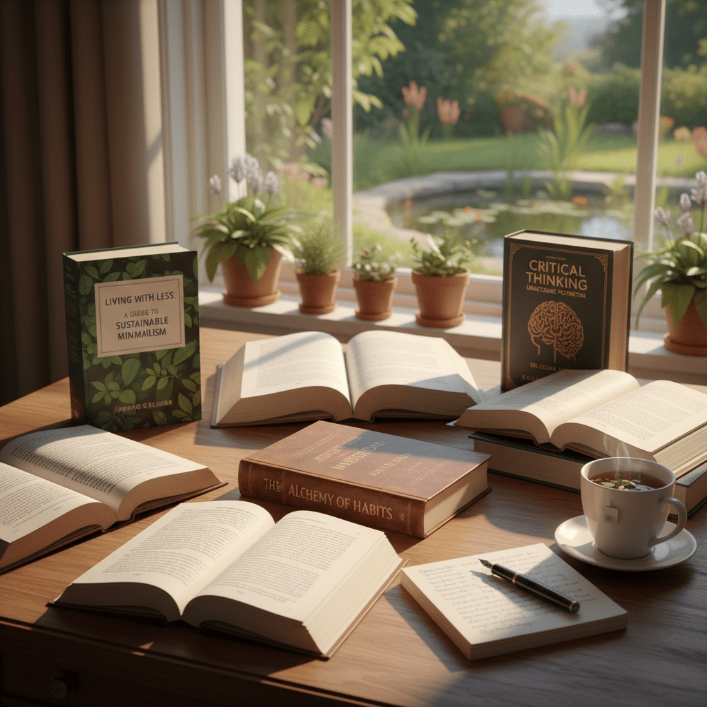 Cozy reading nook with books and tea near a garden-view window, surrounded by potted plants.