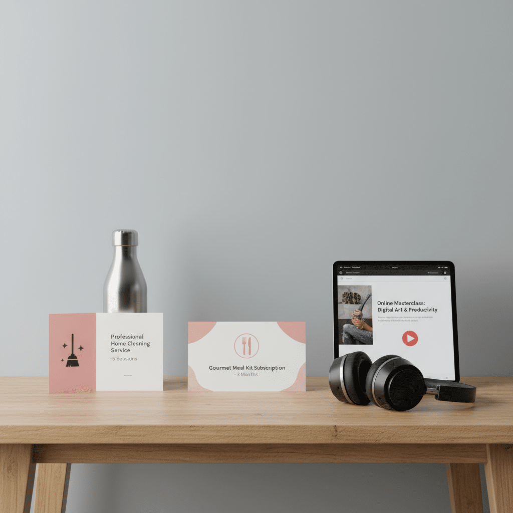Desk with tablet, headphones, water bottle, and service cards, including home cleaning and meal kit subscription.