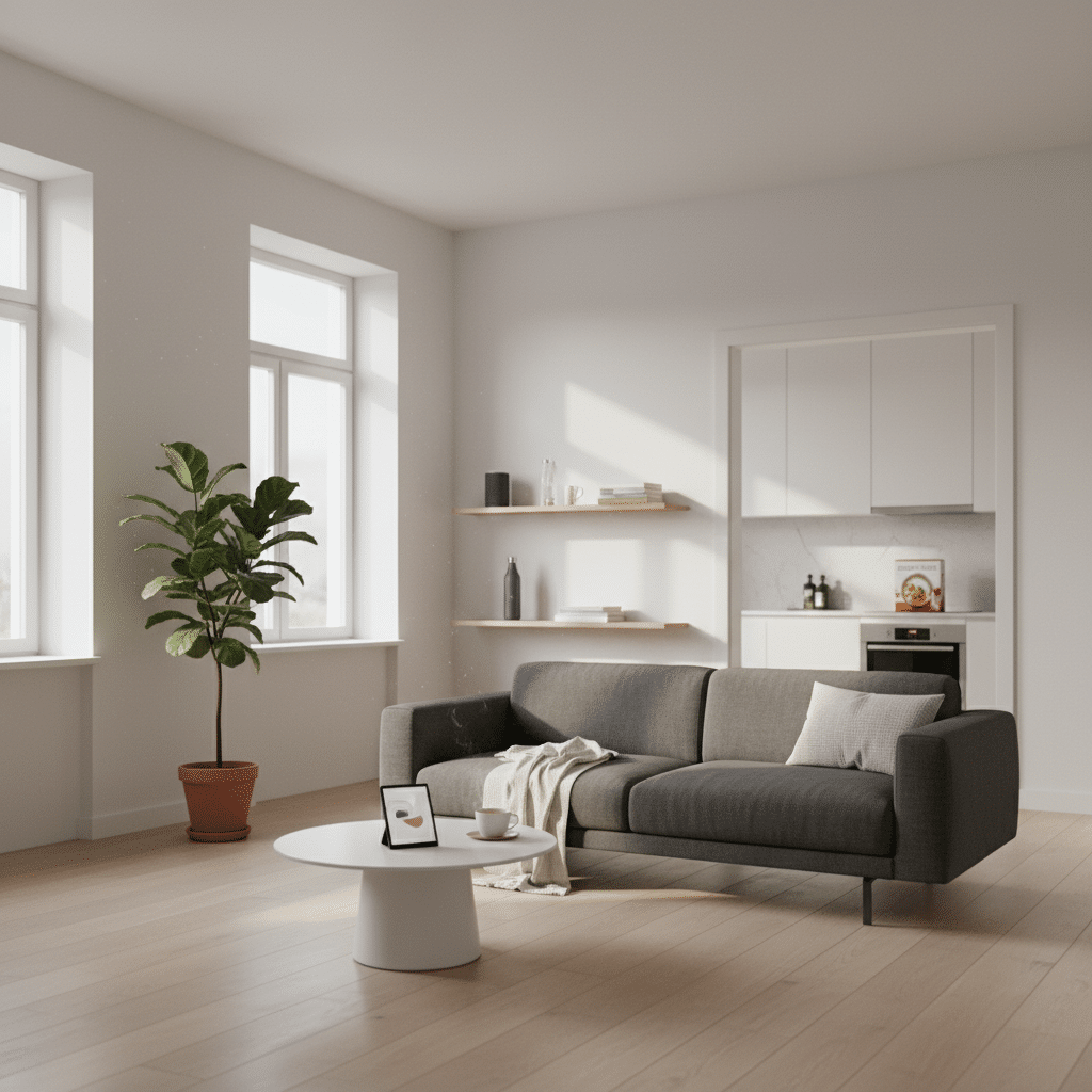 Modern living room with gray sofa, white coffee table, and potted plant, featuring minimalist decor and bright windows.