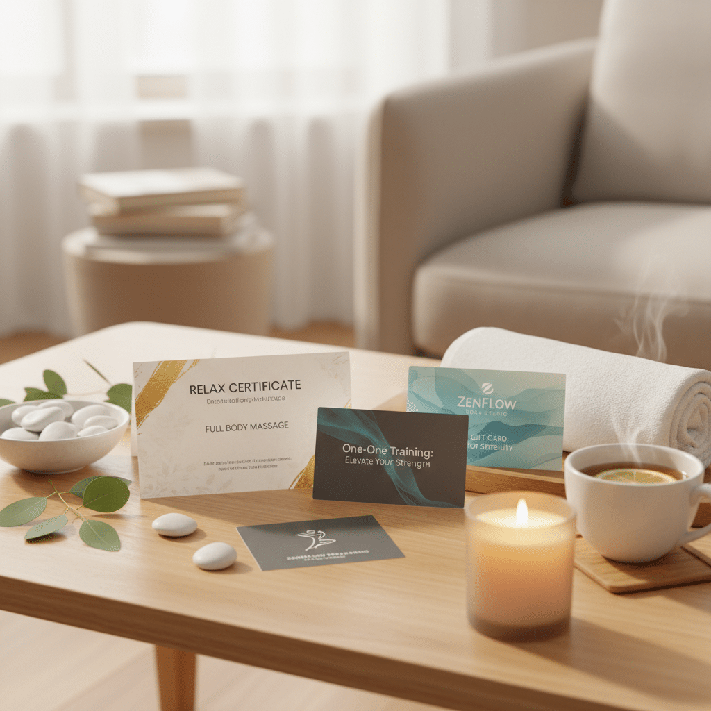 Spa essentials on a table: relax certificate, gift cards, towel, candle, stones, cup of tea for a serene experience.