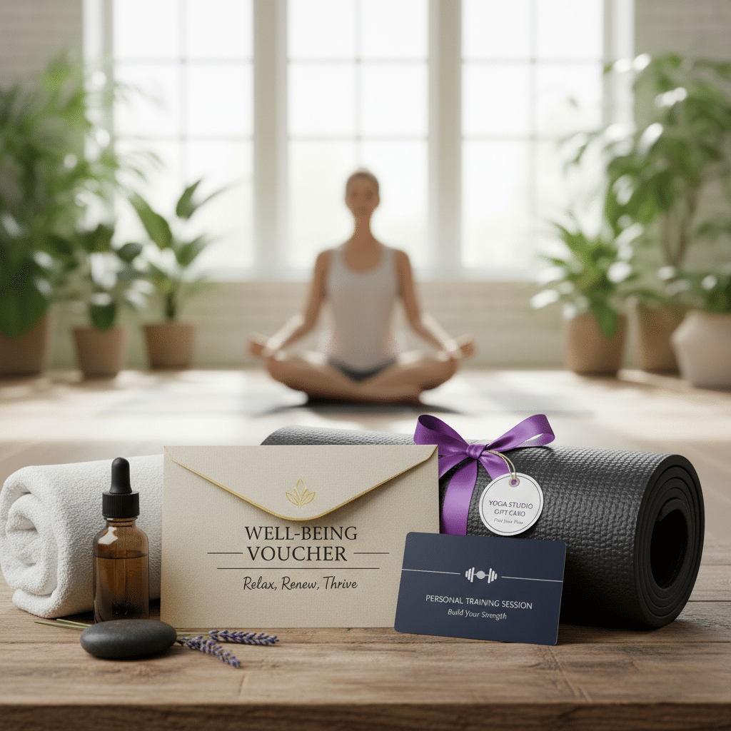 Yoga essentials: a mat, well-being voucher, and personal training card with a meditating person in a serene setting.