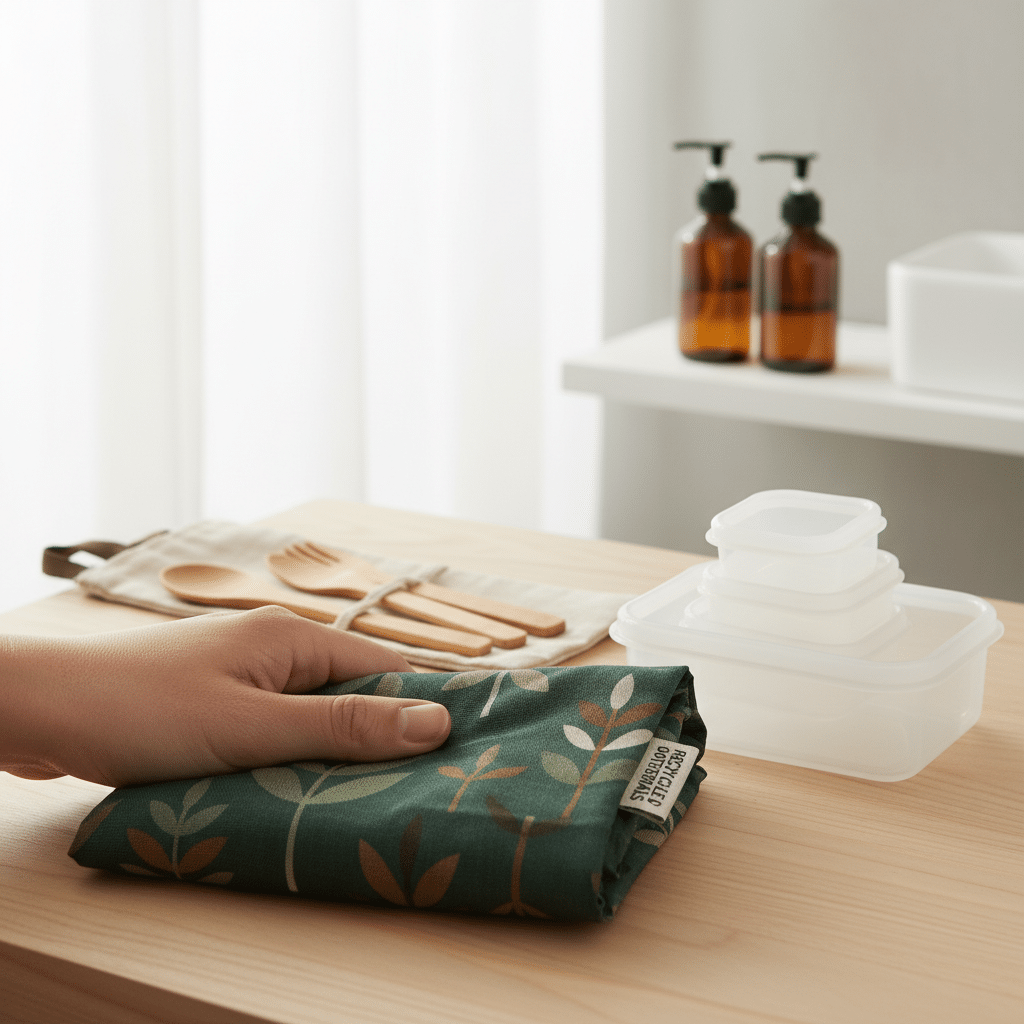 Hand arranging a floral cloth near eco-friendly utensils and containers on a wooden table.