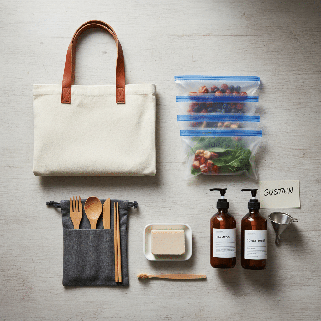 Eco-friendly lifestyle essentials: reusable bags, bamboo utensils, glass bottles, and fresh produce for sustainable living.