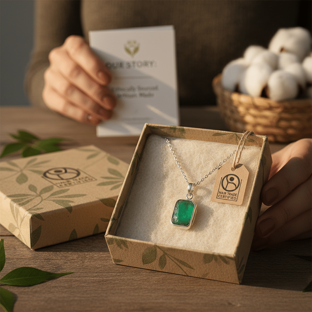 Fair trade certified emerald necklace in eco-friendly packaging next to a cotton basket and informational card.