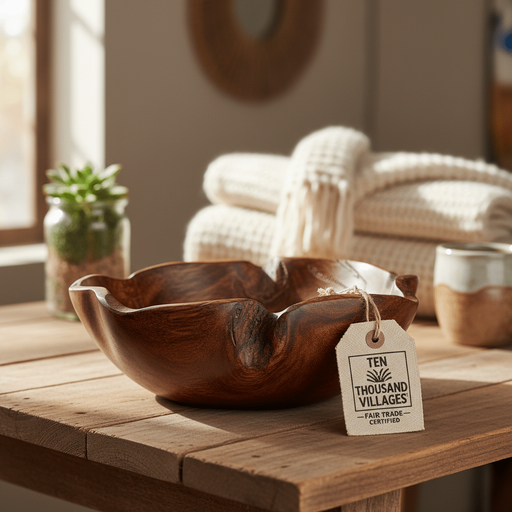 Fair trade wooden bowl with tag on a rustic table, cozy blankets and plant in background, natural light. Christmas gifts