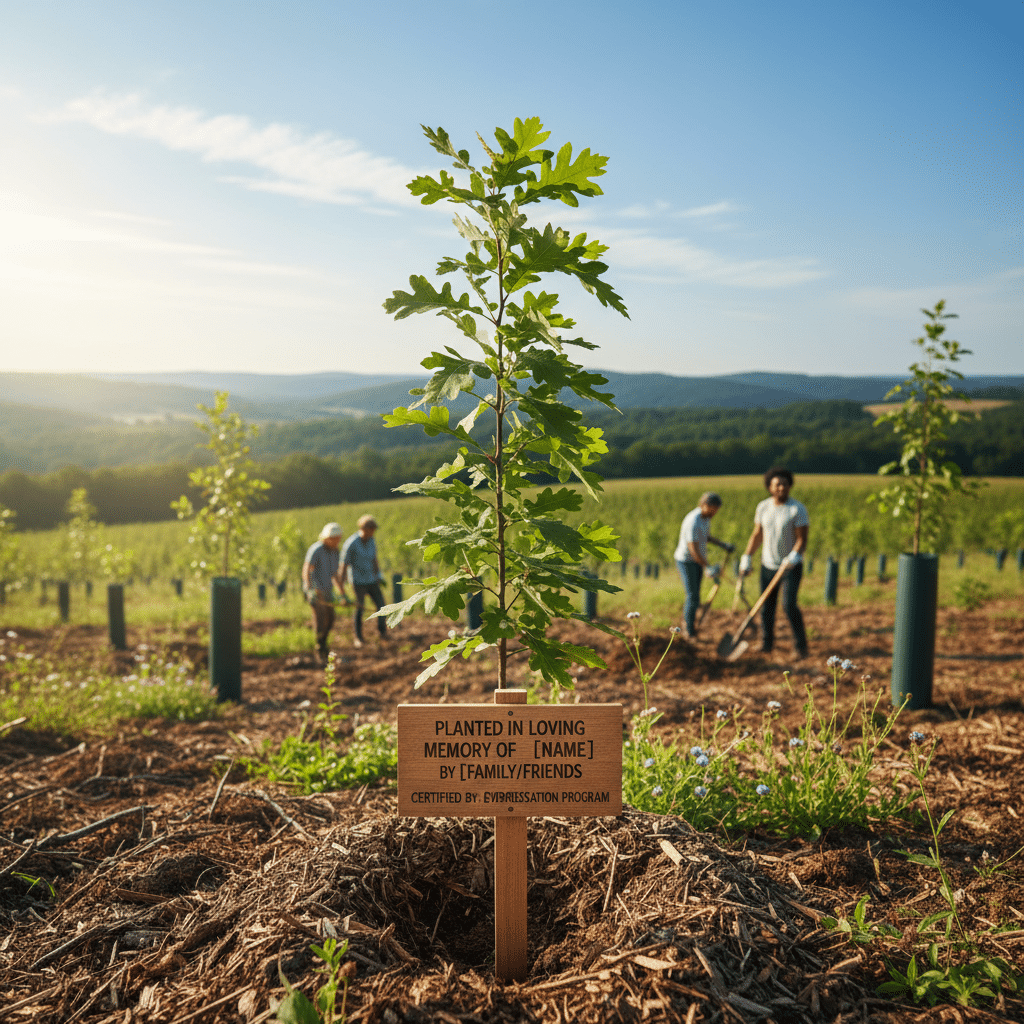 Tree planted in memory, surrounded by people working in a sunny field for reforestation project.