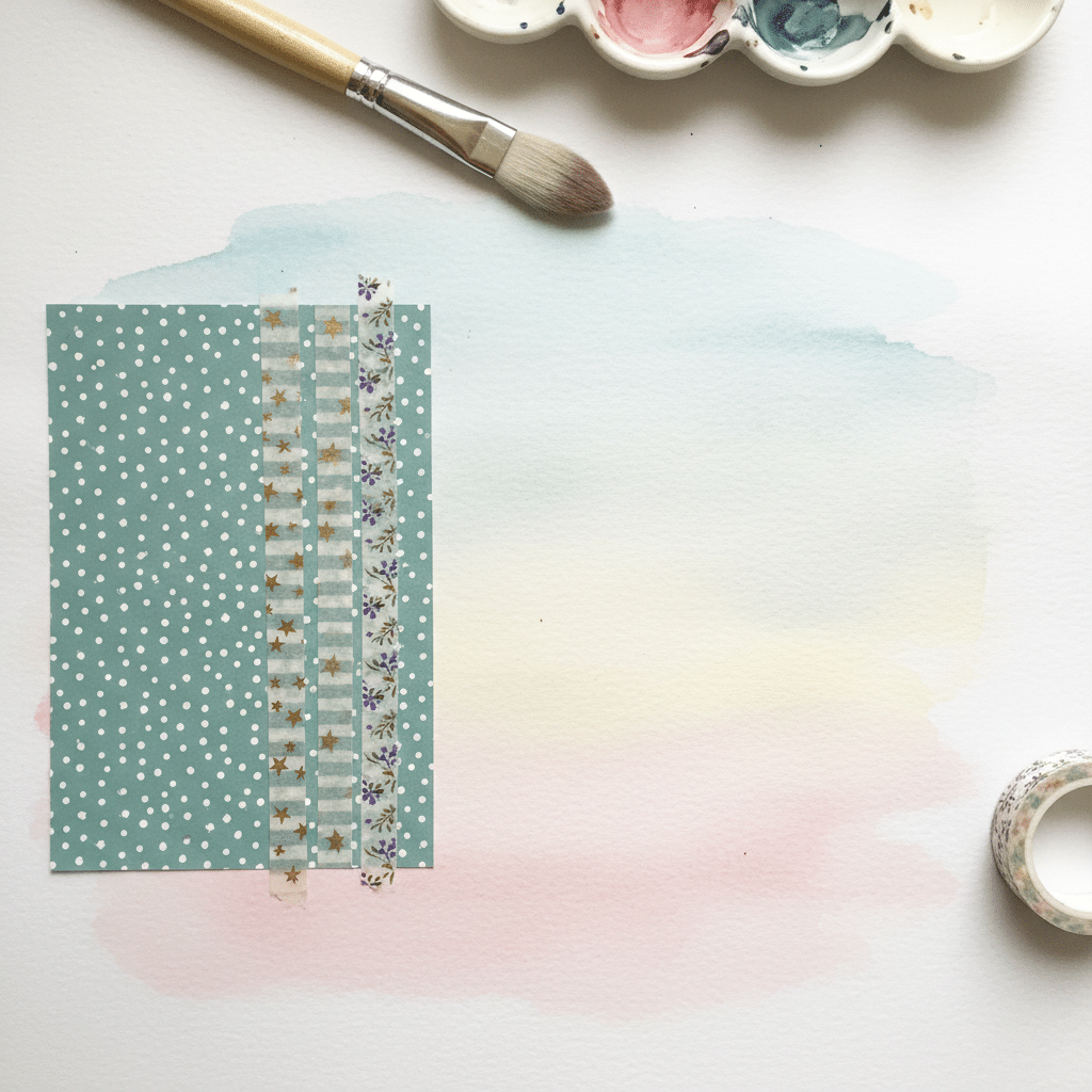 Watercolor background with polka dot paper, decorative tapes, and a paintbrush for scrapbooking or crafts.