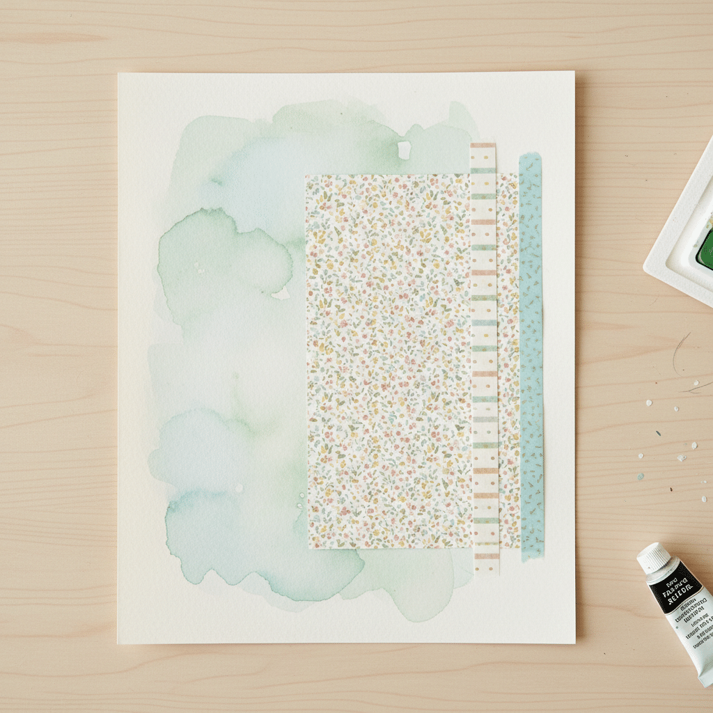 Artistic watercolor background with patterned paper layers on a desk, featuring green paint tube nearby.