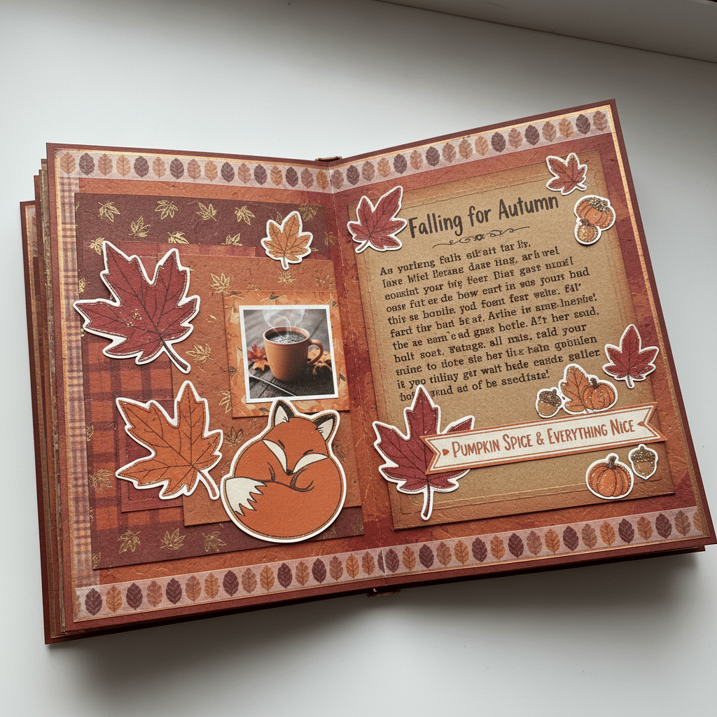 Autumn scrapbook page with fall leaves, a fox, and a steaming coffee cup. Text reads Pumpkin Spice & Everything Nice.
