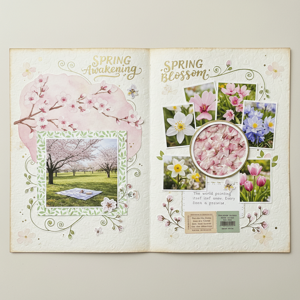 Spring-themed scrapbook page with cherry blossoms, various flower photos, and Spring Awakening and Spring Blossom text.