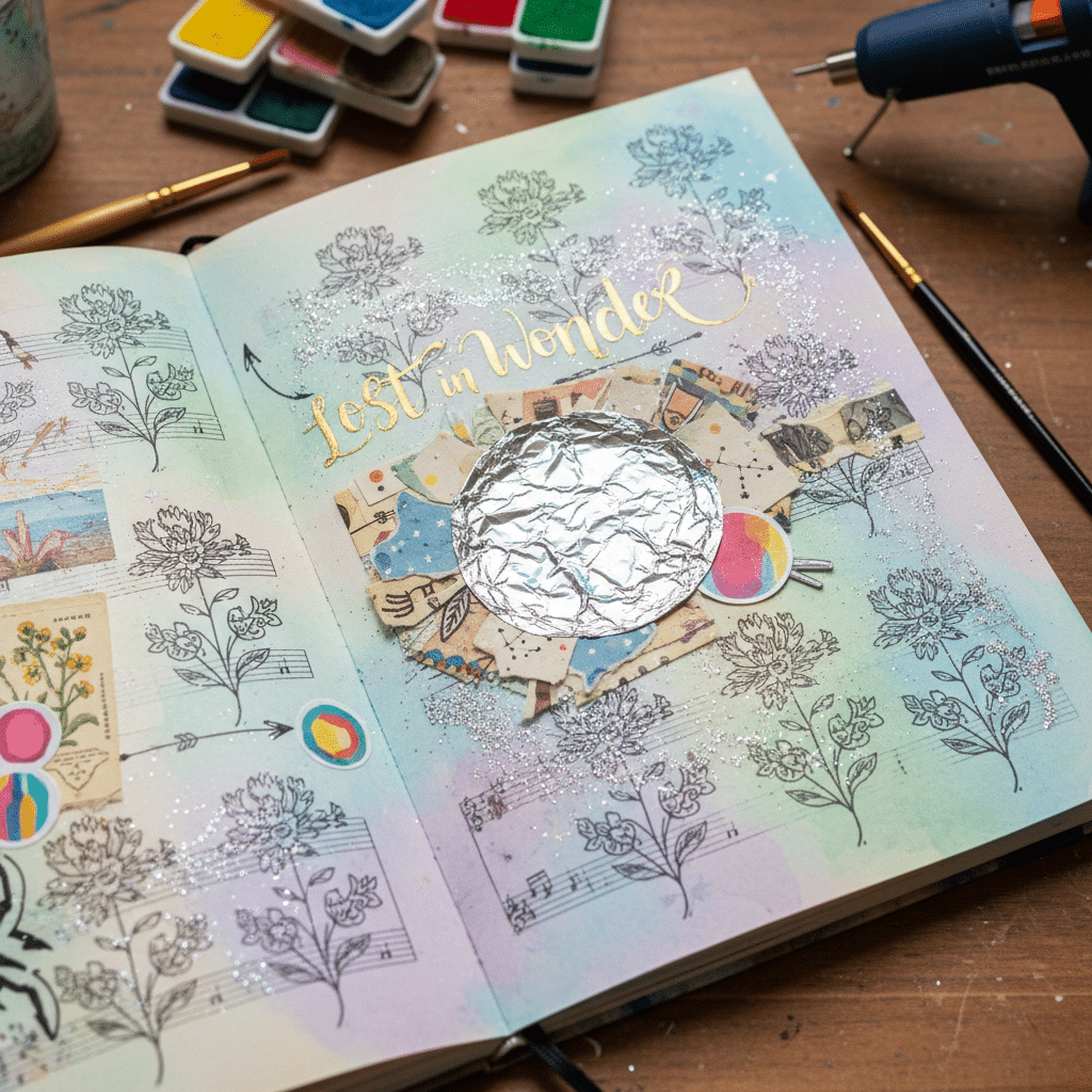 Art journal page with floral sketches, foil collage, and Lost in Wonder text; craft supplies scattered nearby.