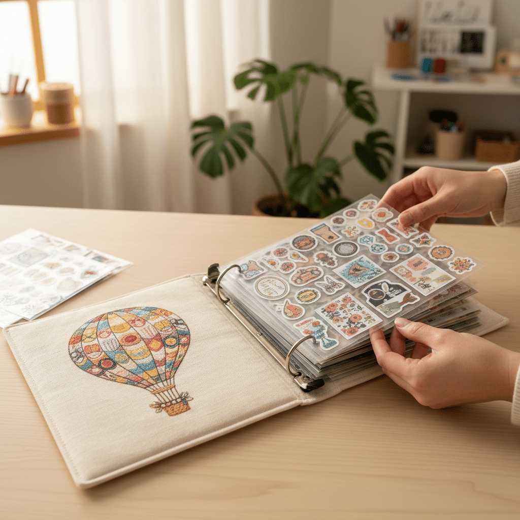 Person organizing colorful sticker collection in a binder with a hot air balloon cover design on a wooden desk.