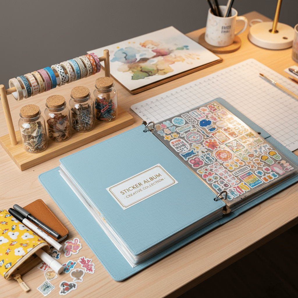 Sticker album open on desk with colorful pages, art supplies, and décor in cozy workspace setting.