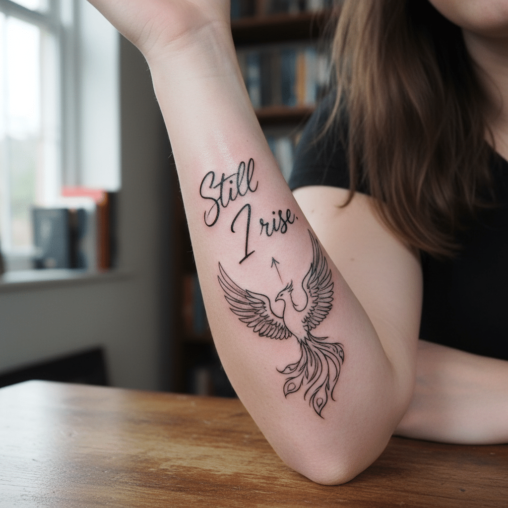 ai-photo-studio-1761497857869-1 Forearm tattoo of a phoenix with Still I Rise text, symbolizing resilience and strength. | Sky Rye Design Forearm tattoo of a phoenix with Still I Rise text, symbolizing resilience and strength.