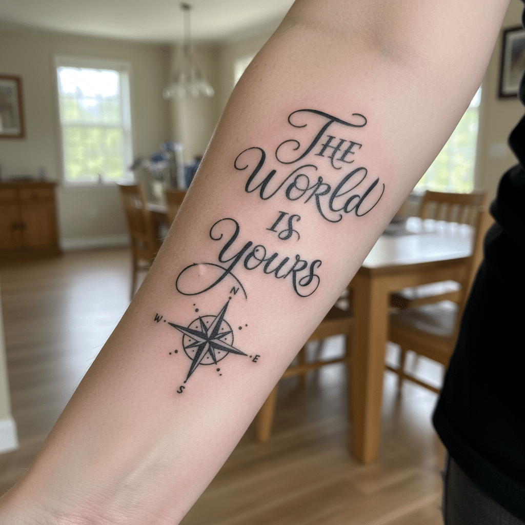 ai-photo-studio-1761497859872-2 Arm tattoo featuring The World Is Yours text and a compass design in a bright room setting. | Sky Rye Design Arm tattoo featuring The World Is Yours text and a compass design in a bright room setting.