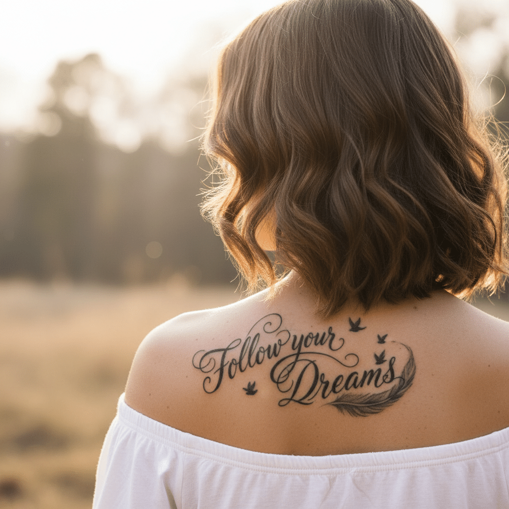 ai-photo-studio-1761498291852-2 Back view of woman with Follow your Dreams tattoo, outdoor setting with soft lighting and blurred background. | Sky Rye Design Back view of woman with Follow your Dreams tattoo, outdoor setting with soft lighting and blurred background.