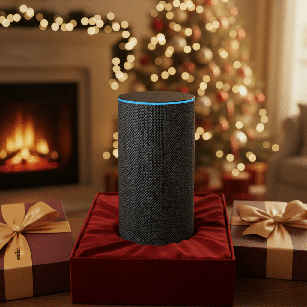 ai-photo-studio-1761499186795-1 Smart speaker on a gift box in festive setting with Christmas tree and fireplace in the background. | Sky Rye Design Smart speaker on a gift box in festive setting with Christmas tree and fireplace in the background.
