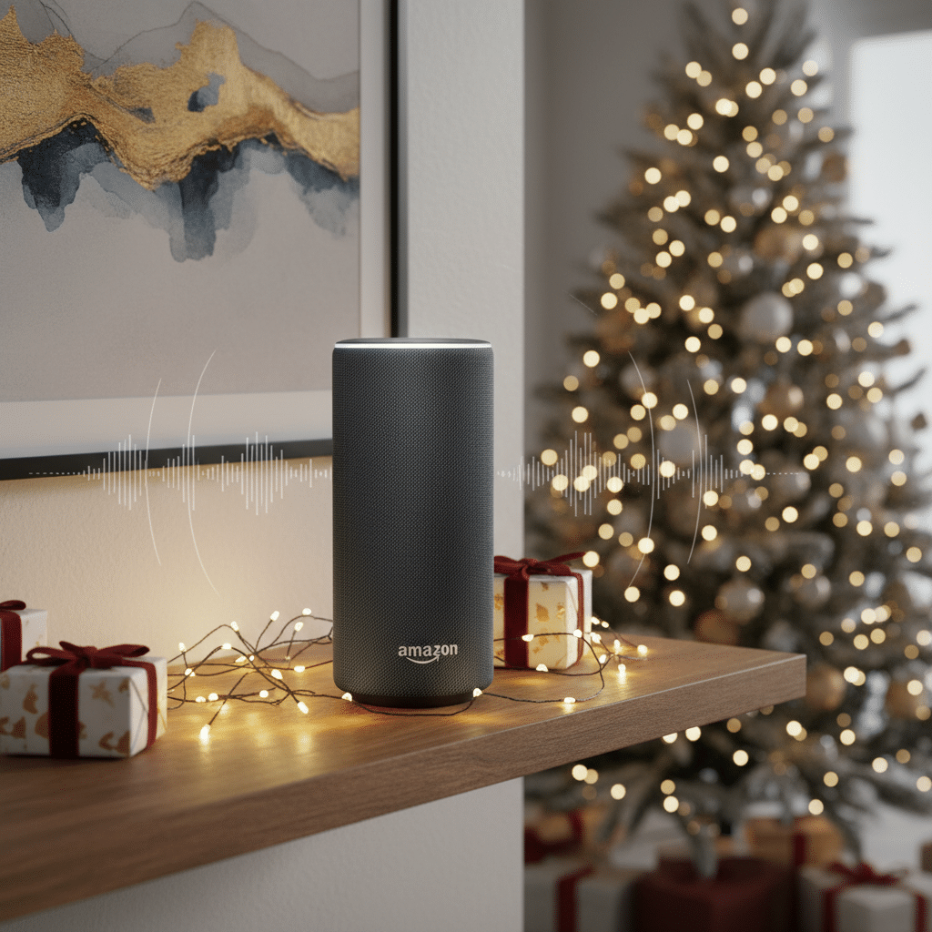 ai-photo-studio-1761499193646-2 Amazon smart speaker on decorated mantel with festive Christmas lights, gift boxes, and a tree in the background. | Sky Rye Design Amazon smart speaker on decorated mantel with festive Christmas lights, gift boxes, and a tree in the background.