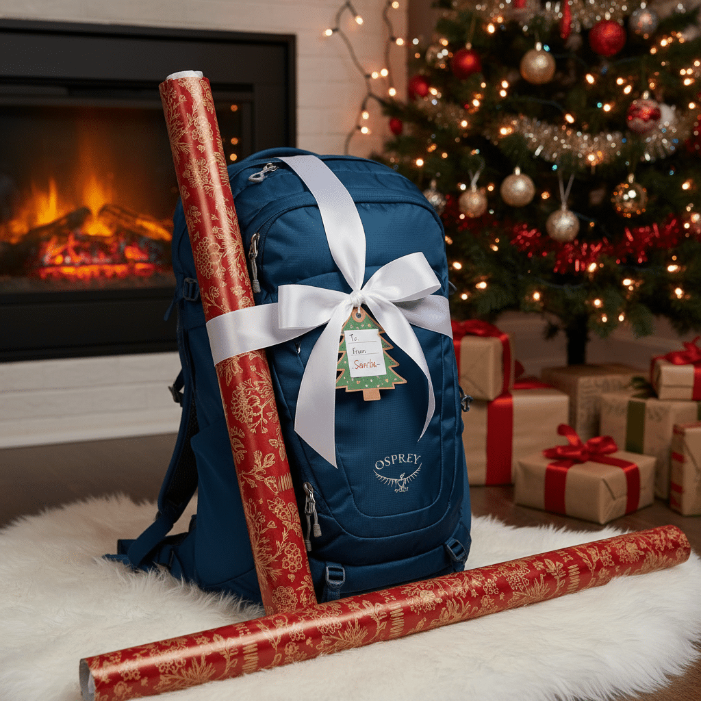 ai-photo-studio-1761499302362-2 Blue backpack with a gift tag and wrapping paper, set by a Christmas tree and fireplace. Holiday gift scene. | Sky Rye Design Blue backpack with a gift tag and wrapping paper, set by a Christmas tree and fireplace. Holiday gift scene.