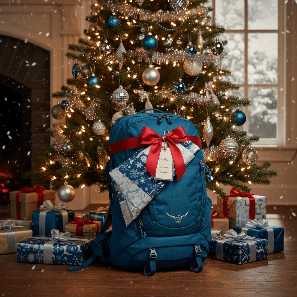ai-photo-studio-1761499306704-1 Blue backpack with festive bow under a decorated Christmas tree, surrounded by wrapped presents, cozy holiday scene. | Sky Rye Design Blue backpack with festive bow under a decorated Christmas tree, surrounded by wrapped presents, cozy holiday scene.