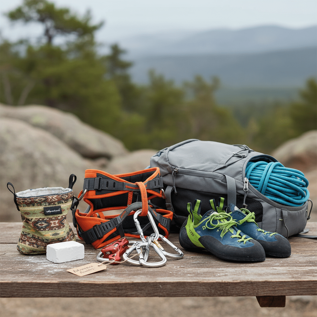 ai-photo-studio-1761499424382-1 Rock climbing gear on wooden table: harness, shoes, backpack, rope, carabiners, chalk bag, outdoors with nature background. | Sky Rye Design Rock climbing gear on wooden table: harness, shoes, backpack, rope, carabiners, chalk bag, outdoors with nature background.
