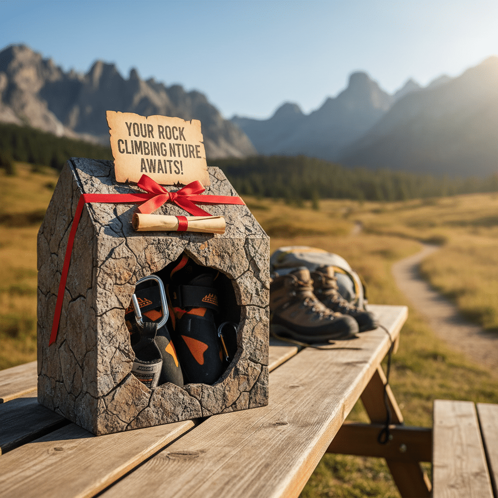 ai-photo-studio-1761499426282-2 Rock climbing gear gift box on a picnic table with scenic mountain background. Perfect for adventure enthusiasts! | Sky Rye Design Rock climbing gear gift box on a picnic table with scenic mountain background. Perfect for adventure enthusiasts!