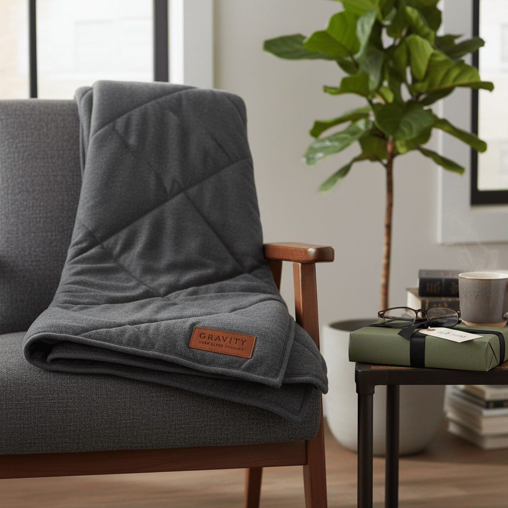 ai-photo-studio-1761499792412-1 Gray weighted blanket on an armchair with coffee, books, and indoor plant in cozy living room setting. | Sky Rye Design Gray weighted blanket on an armchair with coffee, books, and indoor plant in cozy living room setting.