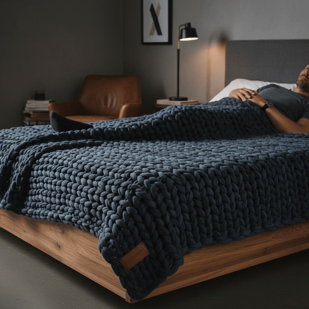 ai-photo-studio-1761499794298-2 Cozy bedroom with a person resting under a chunky knit blanket on a wooden bed, modern decor and soft lighting. | Sky Rye Design Cozy bedroom with a person resting under a chunky knit blanket on a wooden bed, modern decor and soft lighting.