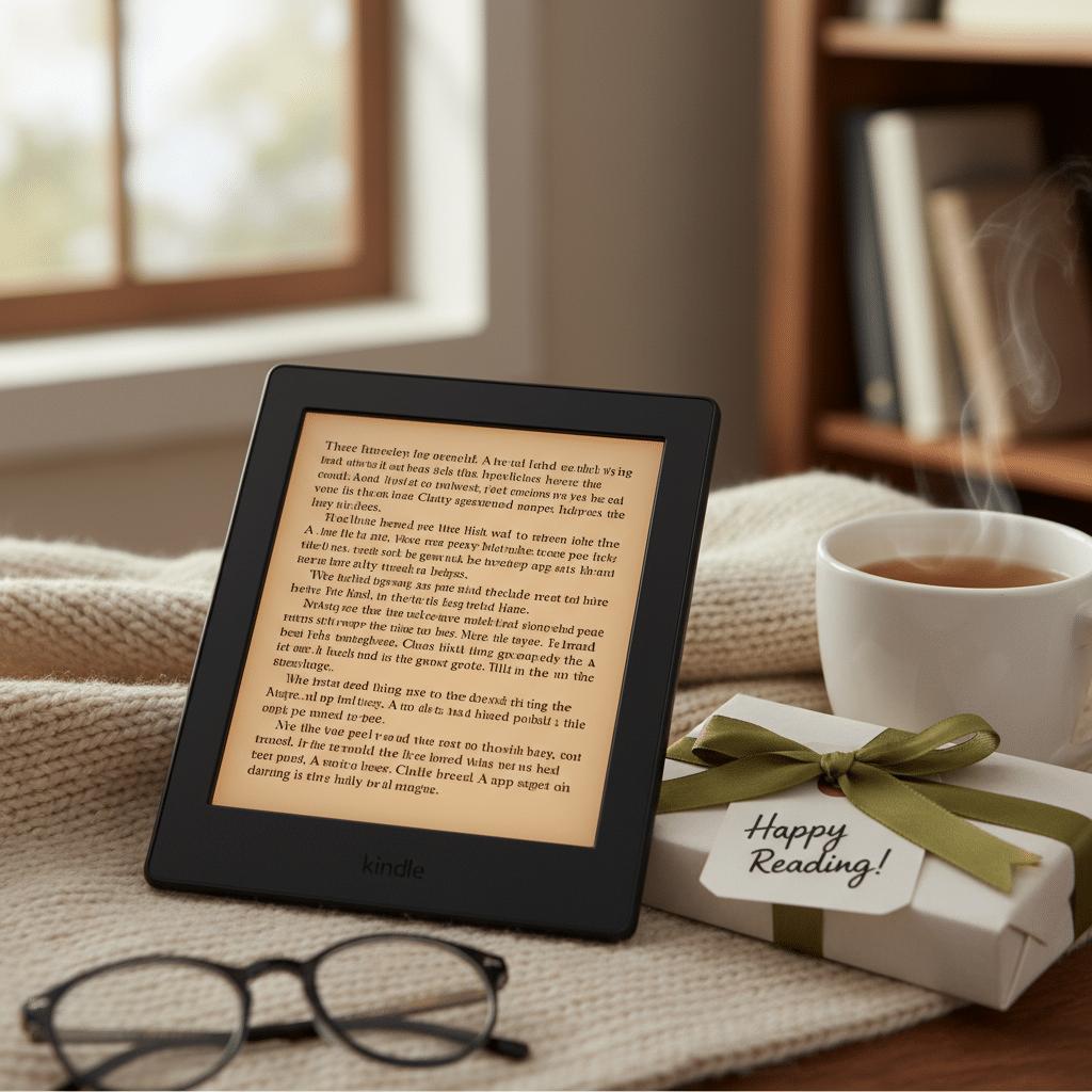 ai-photo-studio-1761499877498-1 Kindle e-reader on cozy blanket with glasses, coffee, and “Happy Reading” gift box in relaxing room. | Sky Rye Design Kindle e-reader on cozy blanket with glasses, coffee, and “Happy Reading” gift box in relaxing room.