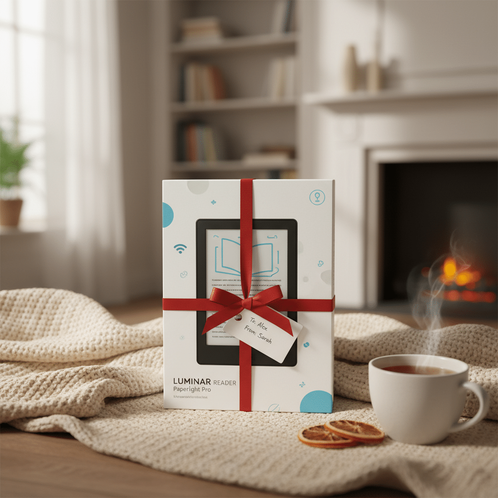 ai-photo-studio-1761499879461-2 E-reader gift wrapped in red ribbon with tag, beside a cozy fireplace and cup of tea, perfect holiday gift. | Sky Rye Design E-reader gift wrapped in red ribbon with tag, beside a cozy fireplace and cup of tea, perfect holiday gift.
