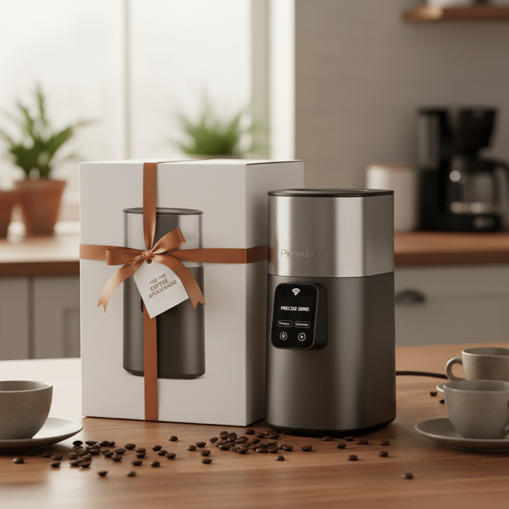 ai-photo-studio-1761500064706-2 Modern coffee grinder with control panel in a cozy kitchen, beside its gift-wrapped box, surrounded by coffee beans. | Sky Rye Design Modern coffee grinder with control panel in a cozy kitchen, beside its gift-wrapped box, surrounded by coffee beans.