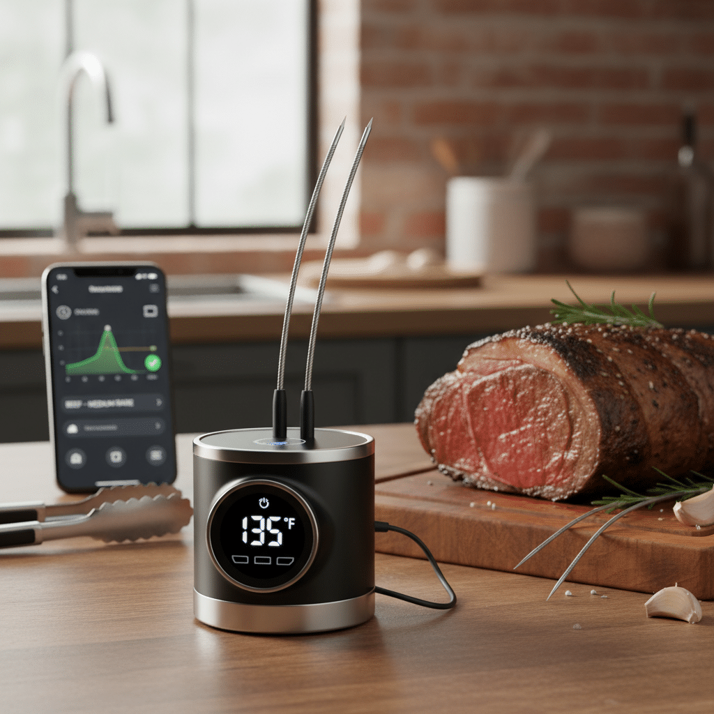 ai-photo-studio-1761500089987-1 Smart meat thermometer displaying 135°F on kitchen counter, near cooked beef and smartphone app showing temperature graph. | Sky Rye Design Smart meat thermometer displaying 135°F on kitchen counter, near cooked beef and smartphone app showing temperature graph.