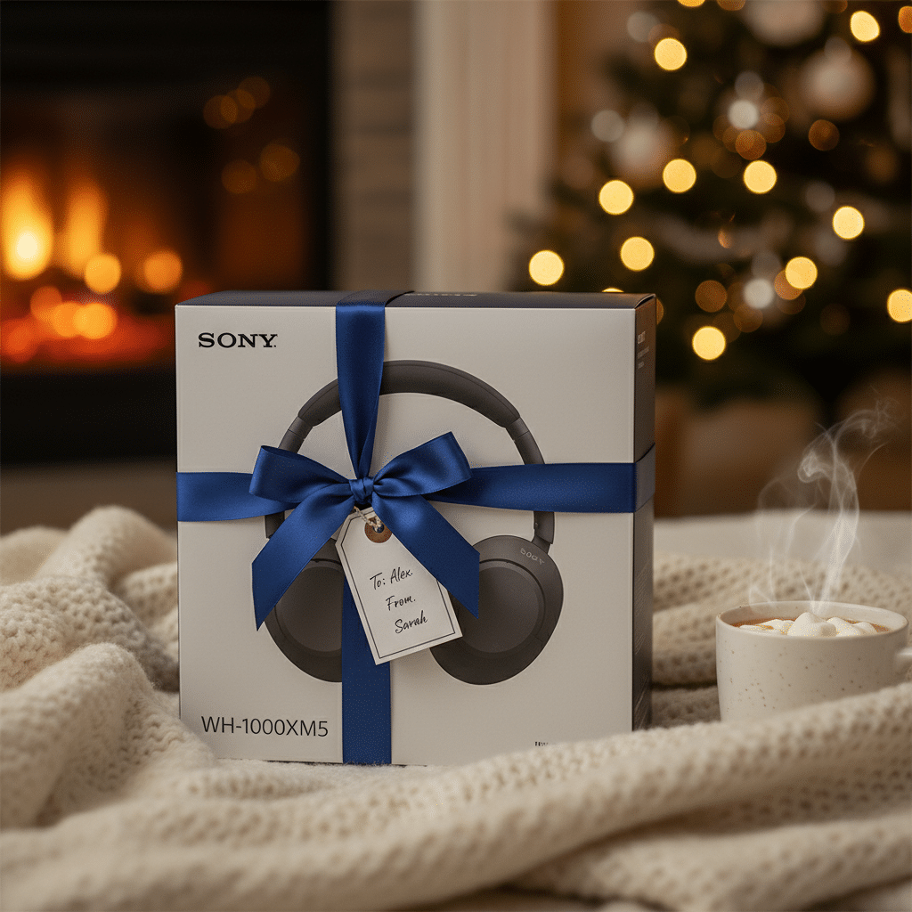 ai-photo-studio-1761500252745-1 Gift-wrapped Sony headphones beside a cozy fireplace and Christmas tree, perfect holiday present idea. | Sky Rye Design Gift-wrapped Sony headphones beside a cozy fireplace and Christmas tree, perfect holiday present idea.