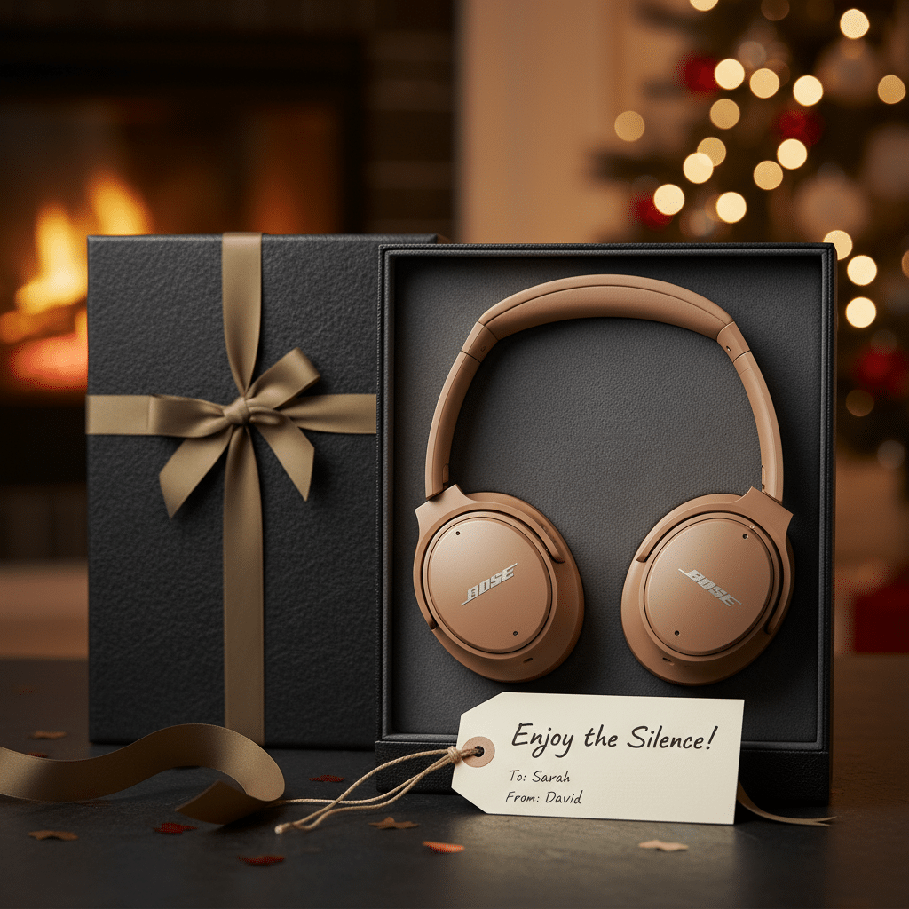 ai-photo-studio-1761500280234-2 Gift box with tan noise-canceling headphones and tag reading Enjoy the Silence! in cozy holiday setting. | Sky Rye Design Gift box with tan noise-canceling headphones and tag reading Enjoy the Silence! in cozy holiday setting.