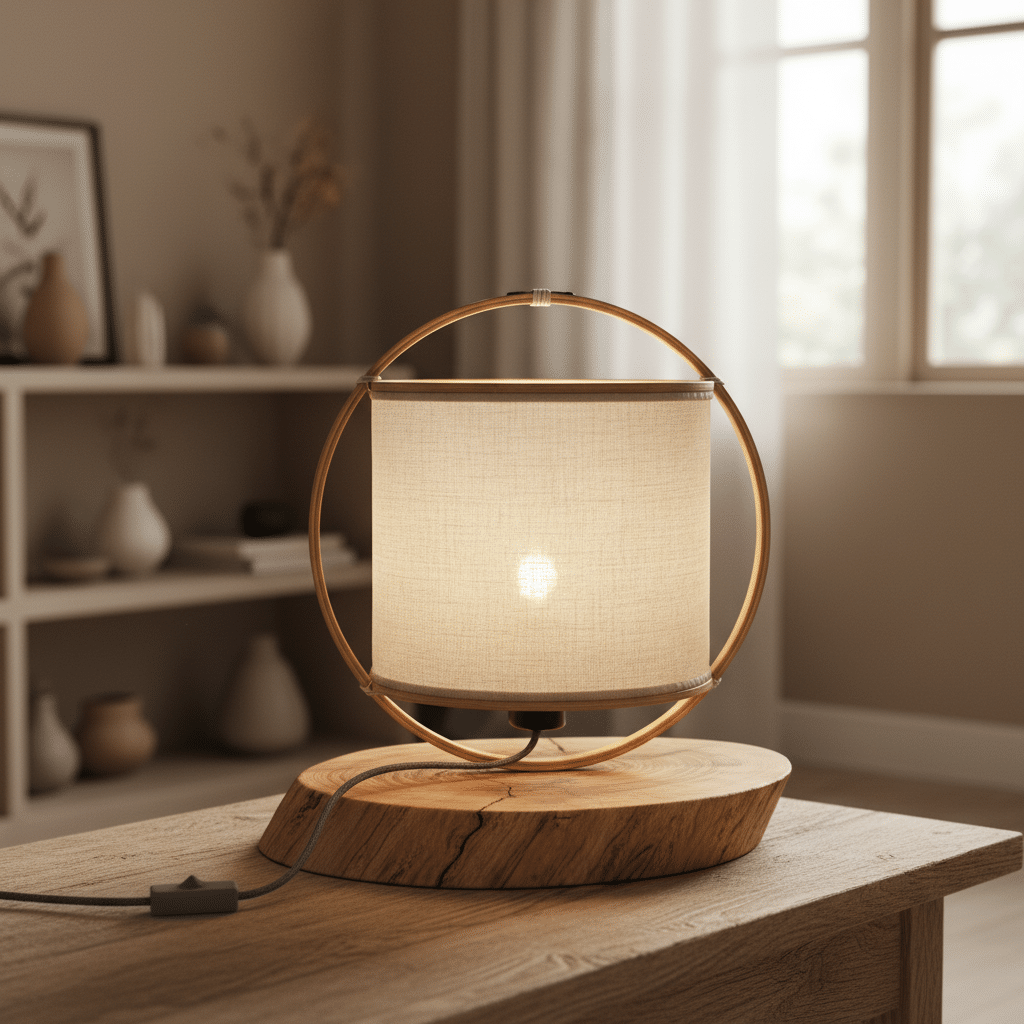 Modern table lamp with a circular mesh shade and wooden base, placed on a wooden table in a cozy, sunlit room.