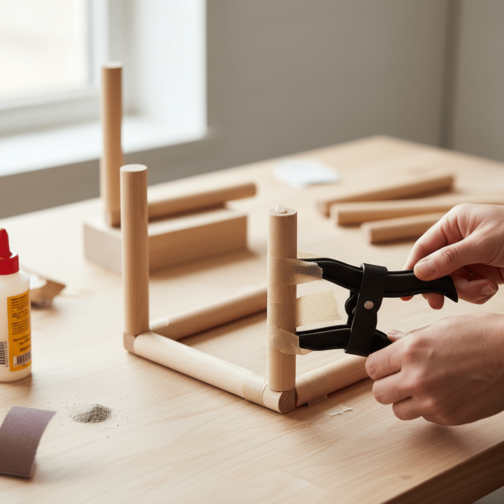 Person assembling wooden furniture using a clamp and wood glue on a workbench.