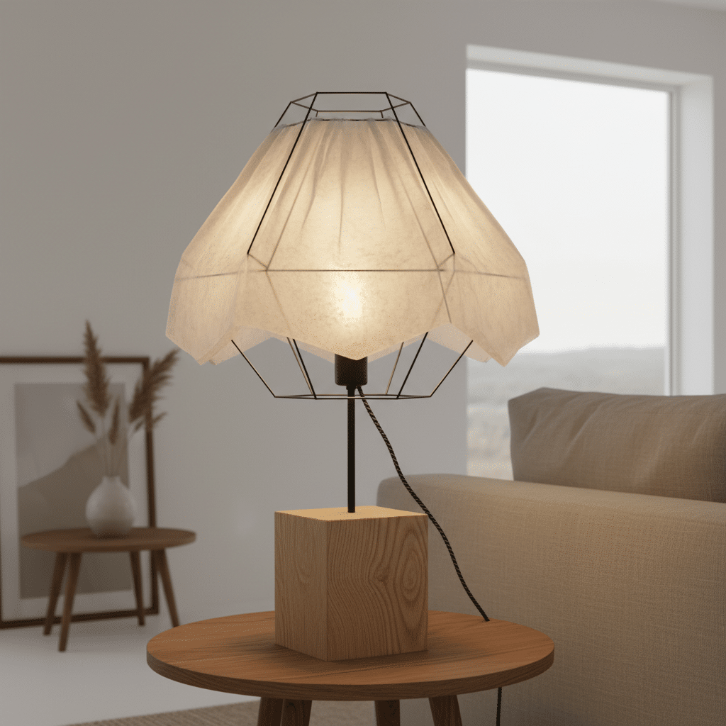 Modern geometric table lamp with wooden base on side table in cozy, minimalistic living room.