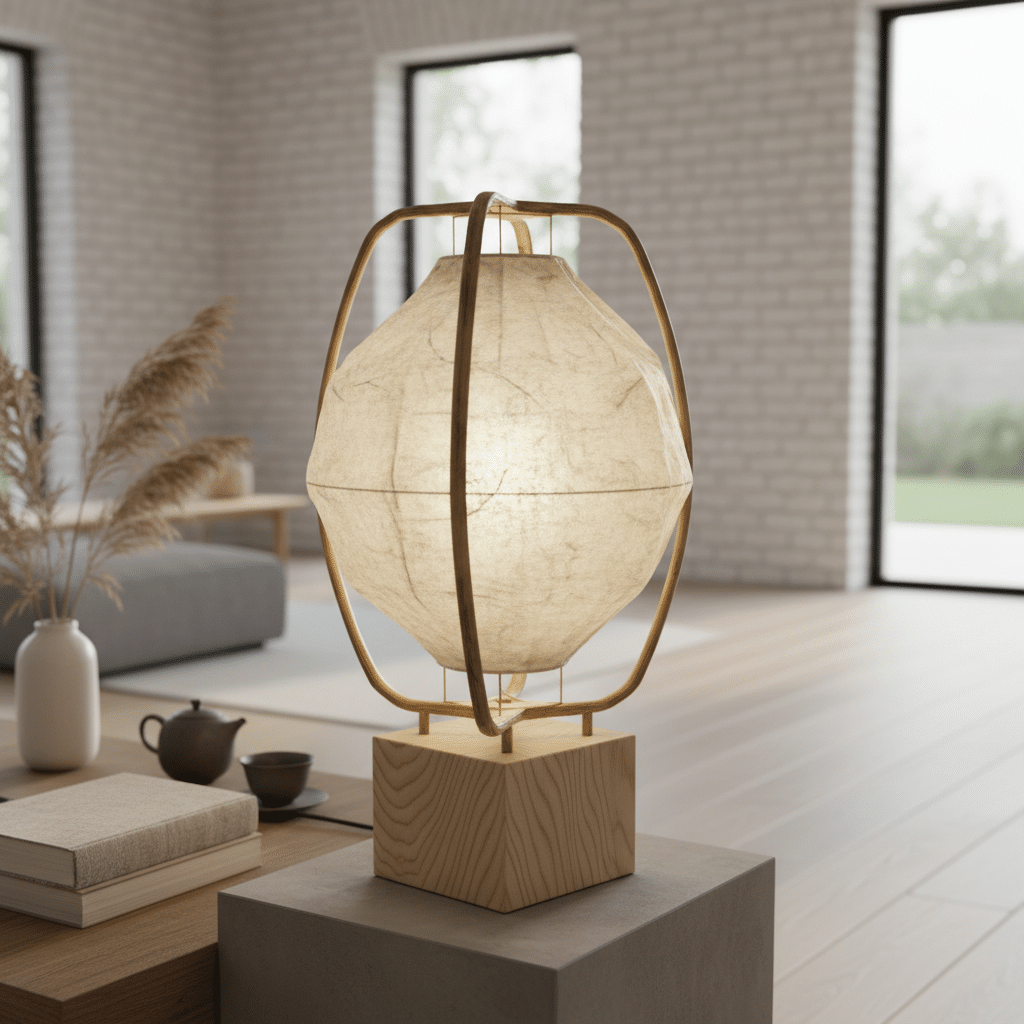 Modern geometric lamp on wooden table in bright, minimalist living room with natural decor and large windows.