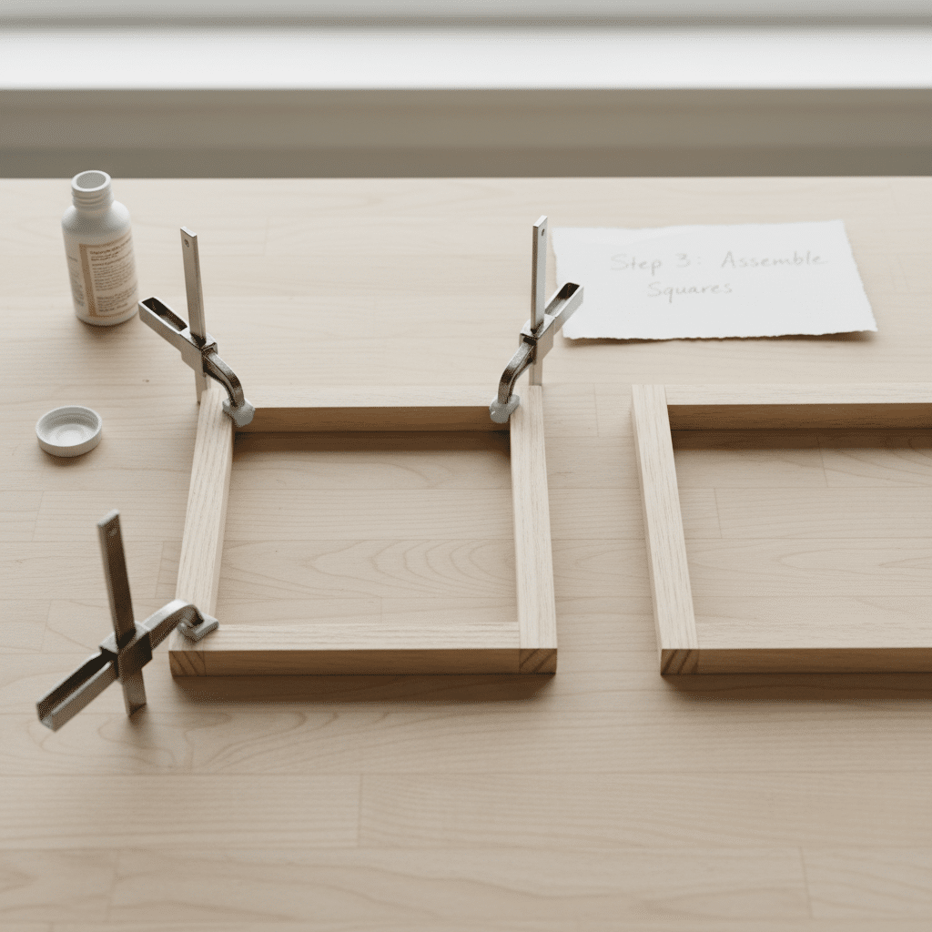 Wooden frame assembly on table with clamps and a note labeled Step 3: Assemble Squares, alongside glue bottle.